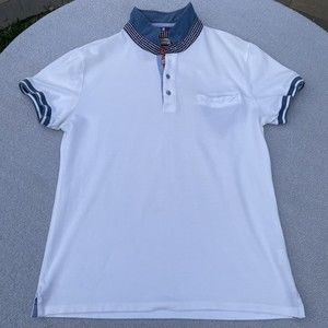 Black Number Polo Shirt Men's Size M/L White with Blue Collar 100% Cotton Pocket